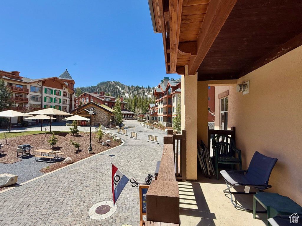 View of patio / terrace featuring a mountain view and area for grilling