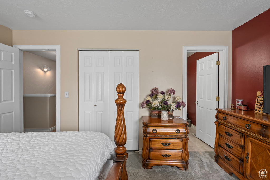 Carpeted bedroom with a closet