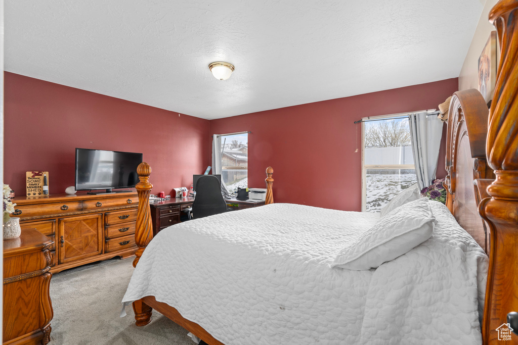 Bedroom featuring carpet floors and a textured ceiling