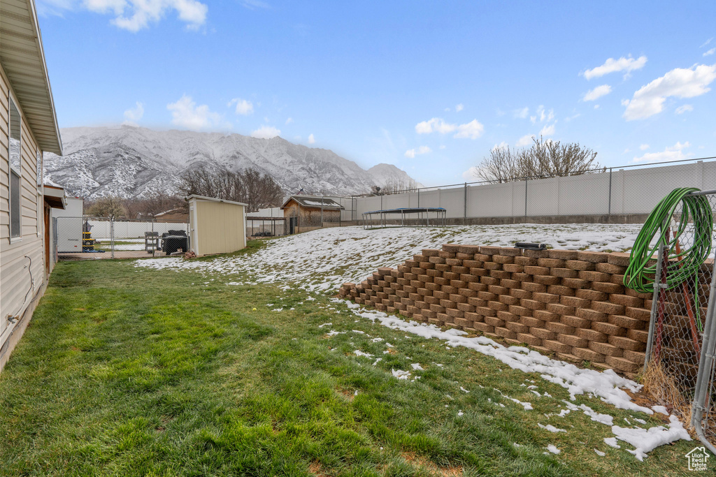 View of yard featuring a trampoline, an outbuilding, a storage shed, a fenced backyard, and a mountain view