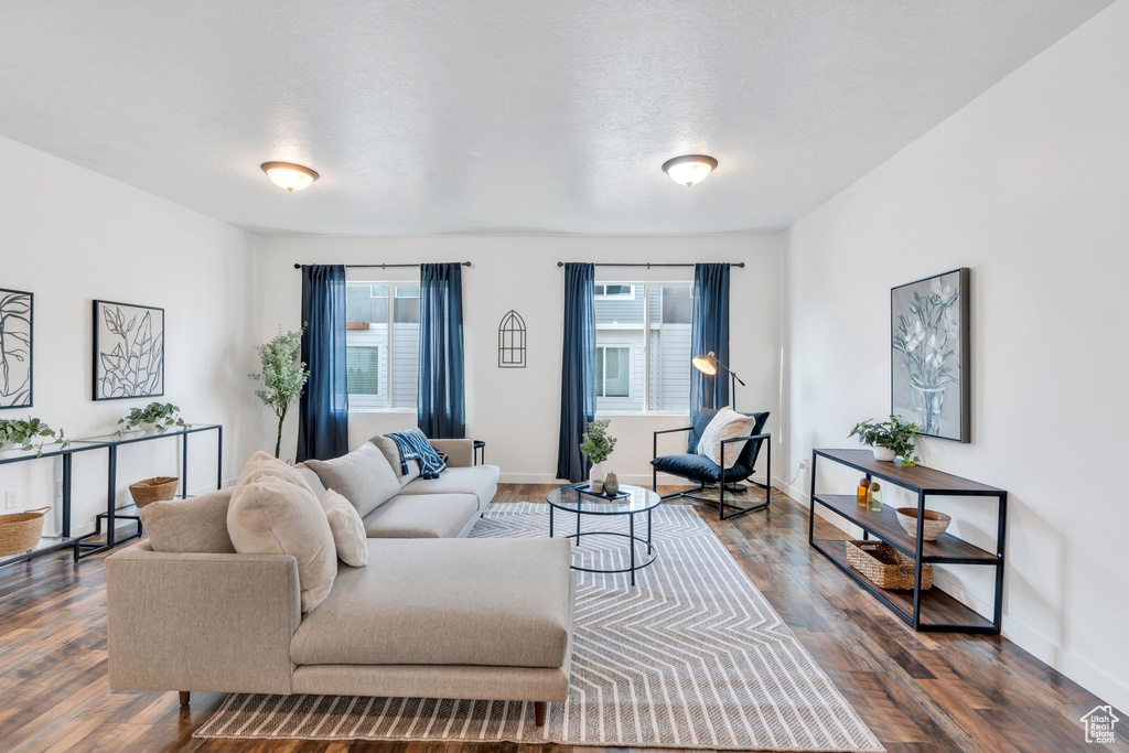 Living room with plenty of natural light, baseboards, and dark wood-type flooring