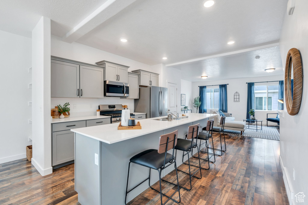Kitchen featuring an island with sink, gray cabinets, a kitchen breakfast bar, and appliances with stainless steel finishes