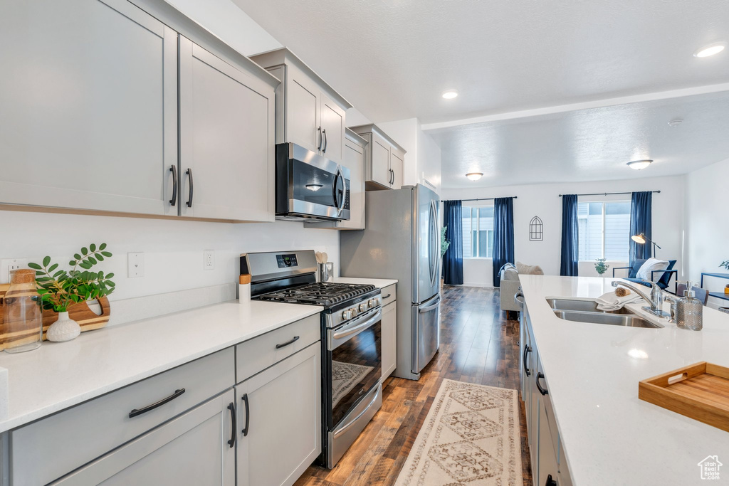 Kitchen featuring open floor plan, light countertops, hardwood / wood-style floors, stainless steel appliances, and a sink