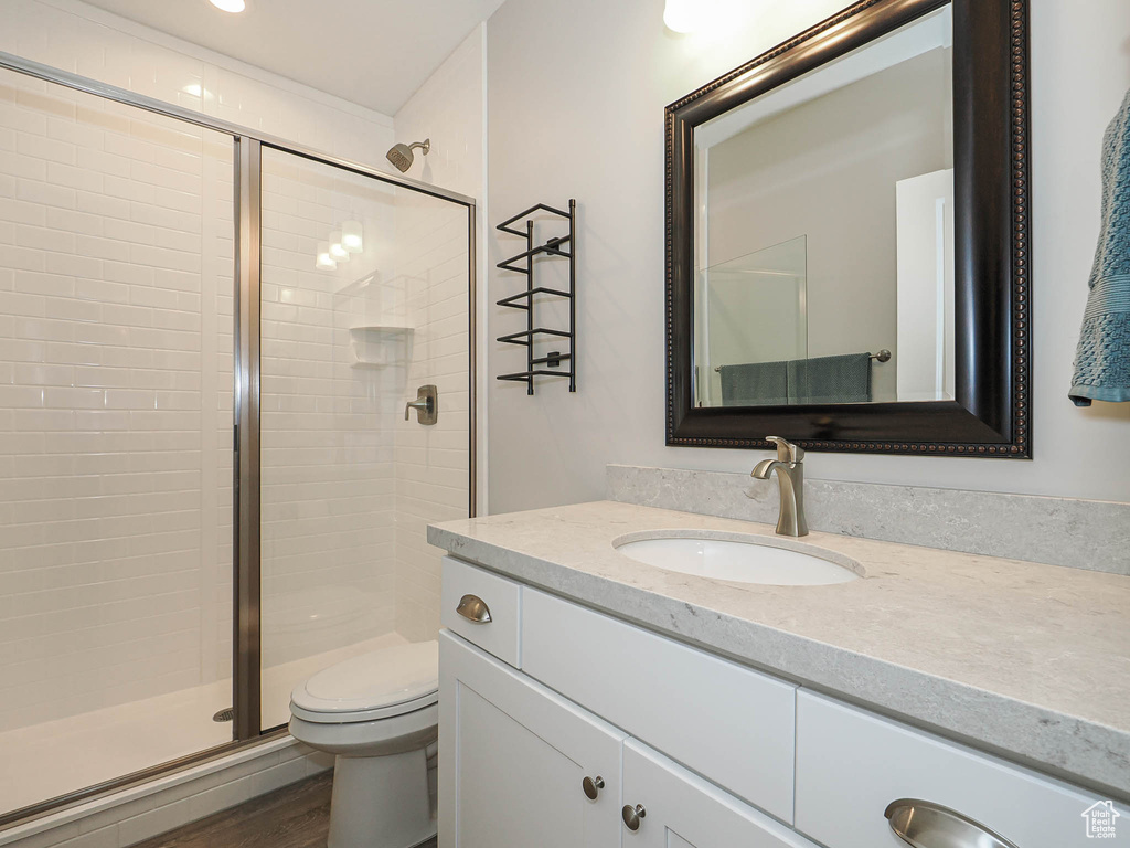 Bathroom with a stall shower, wood finished floors, toilet, and vanity