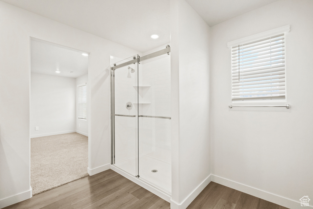 Interior space featuring recessed lighting, baseboards, a shower stall, and wood finished floors