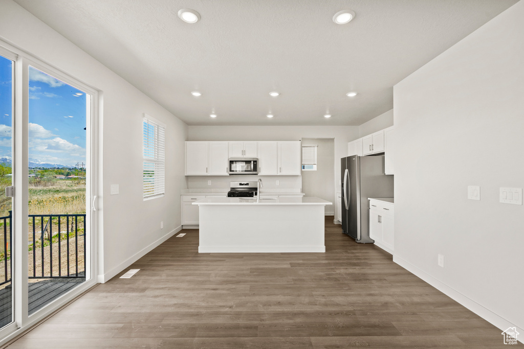 Kitchen with baseboards, recessed lighting, plenty of natural light, and stainless steel appliances