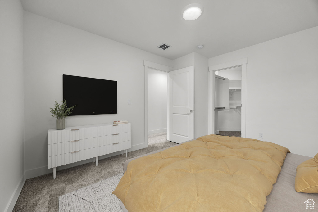 Carpeted bedroom featuring a walk in closet and a closet