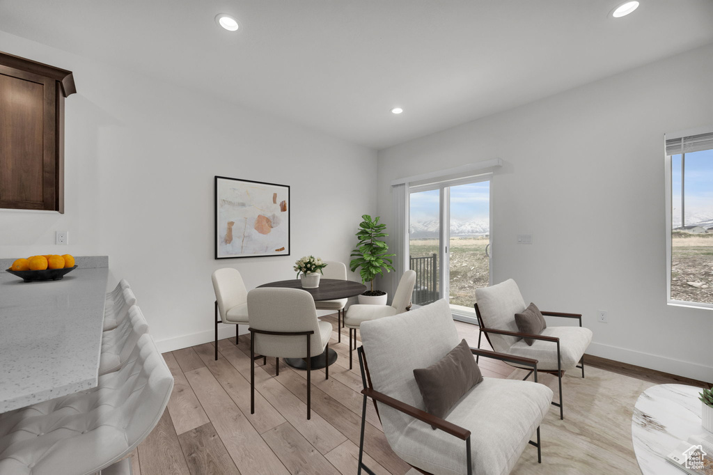 Dining room featuring light wood-type flooring and recessed lighting