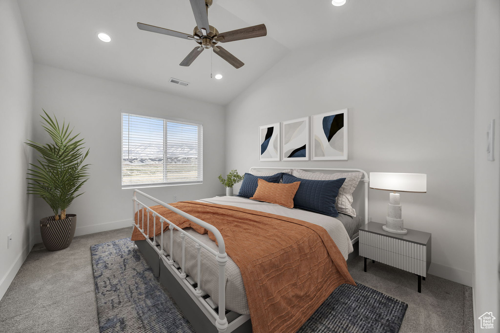 Bedroom featuring carpet floors, vaulted ceiling, recessed lighting, and ceiling fan