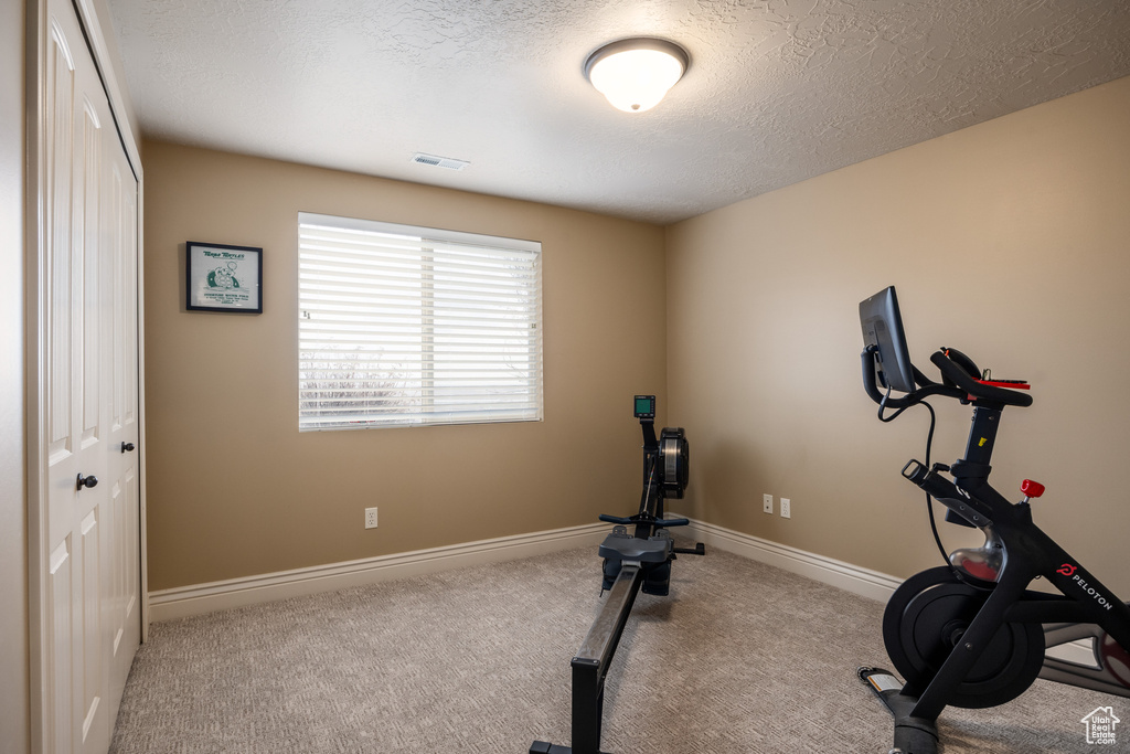 Exercise room with visible vents, carpet, baseboards, and a textured ceiling