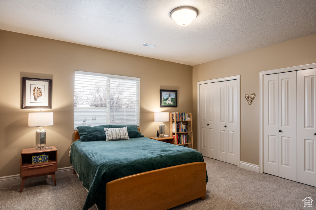 Carpeted bedroom with visible vents, baseboards, multiple closets, and a textured ceiling
