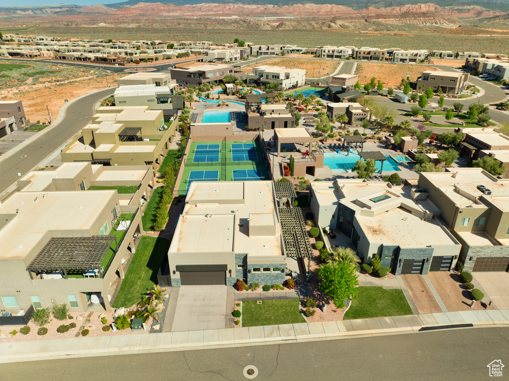 Drone / aerial view featuring a residential view and a mountain view