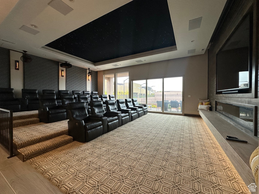 Cinema featuring a raised ceiling and wood finished floors