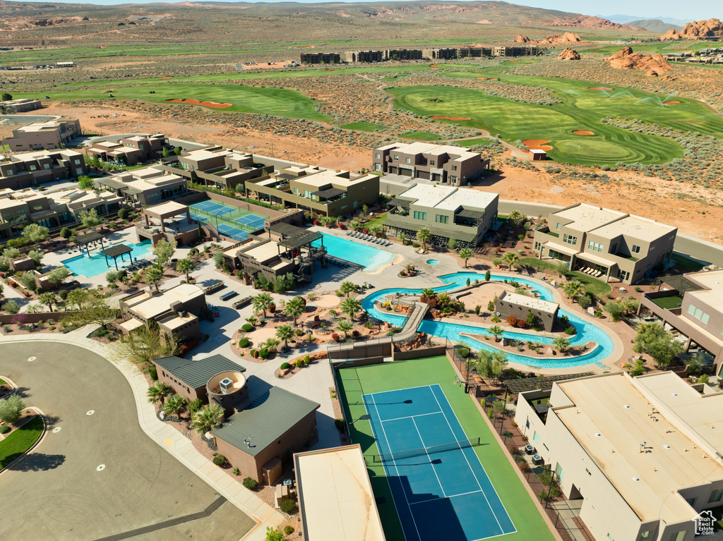 Aerial view with a mountain view and golf course view