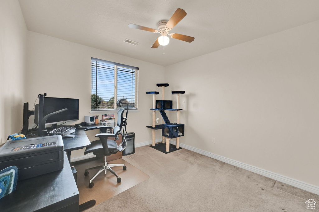 Home office with baseboards, visible vents, ceiling fan, and carpet flooring