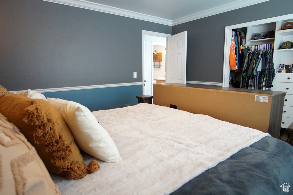 Bedroom with ornamental molding and a closet