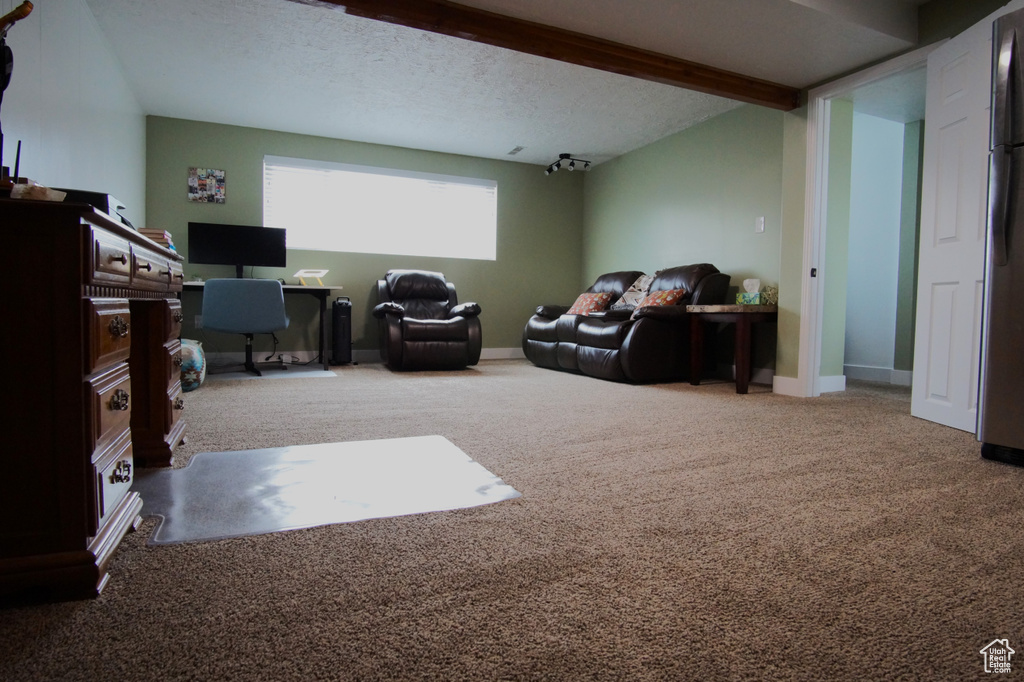 Living room with carpet floors, beam ceiling, baseboards, and a textured ceiling