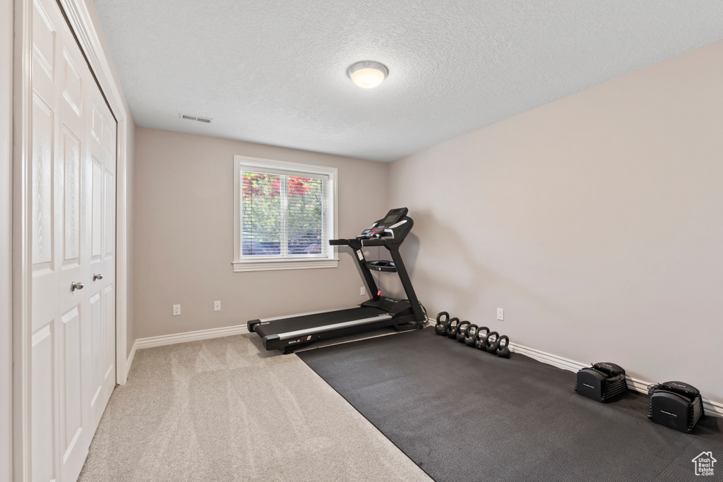 Workout area with baseboards, a textured ceiling, and carpet floors