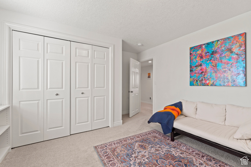 Living area with light carpet, a textured ceiling, and baseboards
