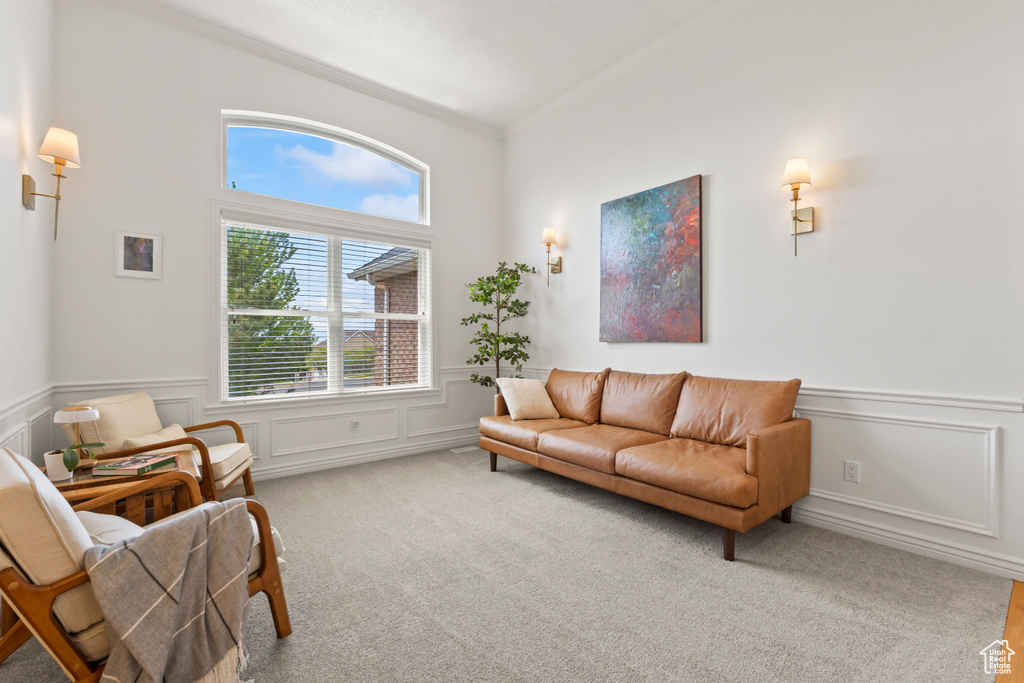 Carpeted living area featuring ornamental molding, a wainscoted wall, and a decorative wall