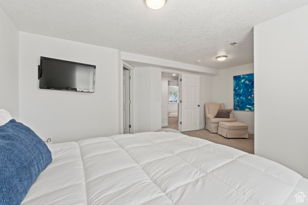Carpeted bedroom with a textured ceiling