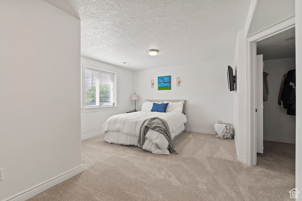 Carpeted bedroom with baseboards, a textured ceiling, and a spacious closet