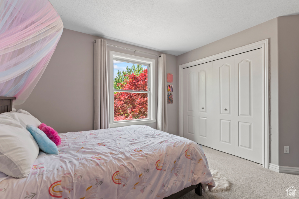 Carpeted bedroom with a closet, a textured ceiling, and baseboards