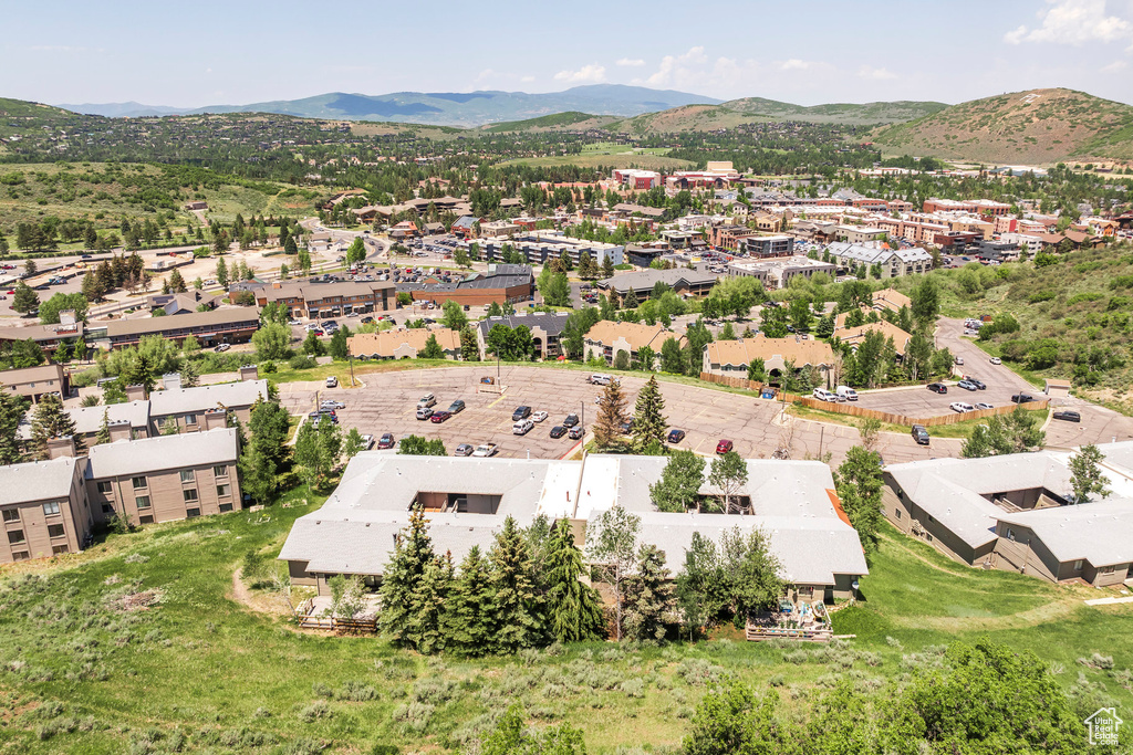 Aerial perspective of suburban area featuring a mountain backdrop