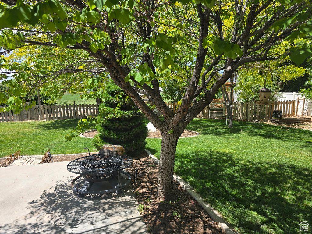 View of yard with a patio and an outdoor fire pit