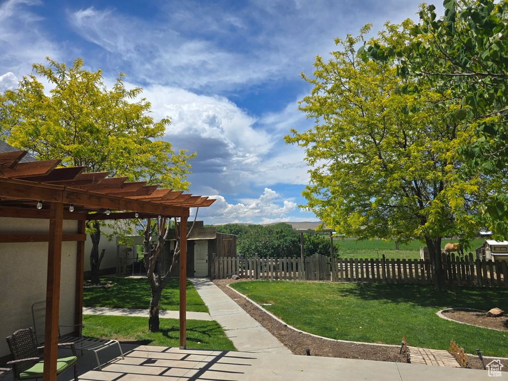View of yard featuring a pergola, a patio, and an outbuilding