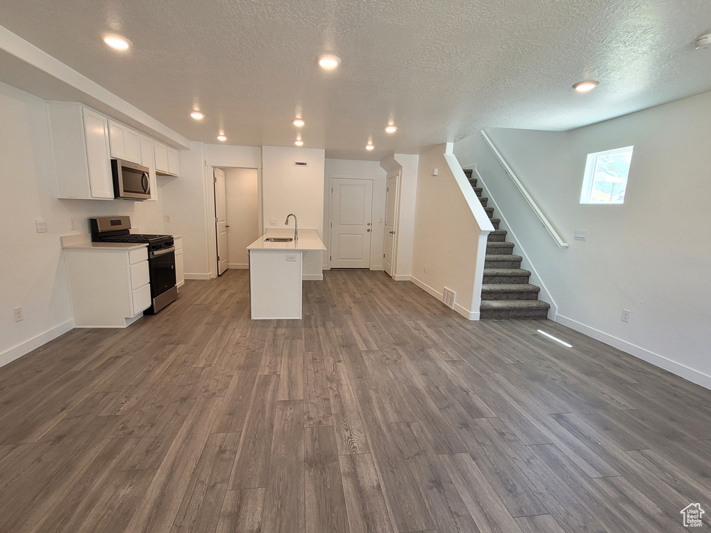 Kitchen with stainless steel appliances, dark wood-type flooring, open floor plan, white cabinets, and light countertops