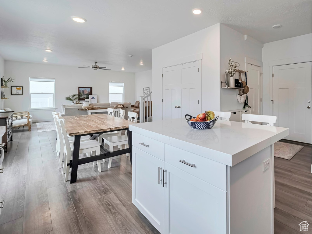 Kitchen featuring a ceiling fan, dark wood-style flooring, a kitchen island, and light countertops