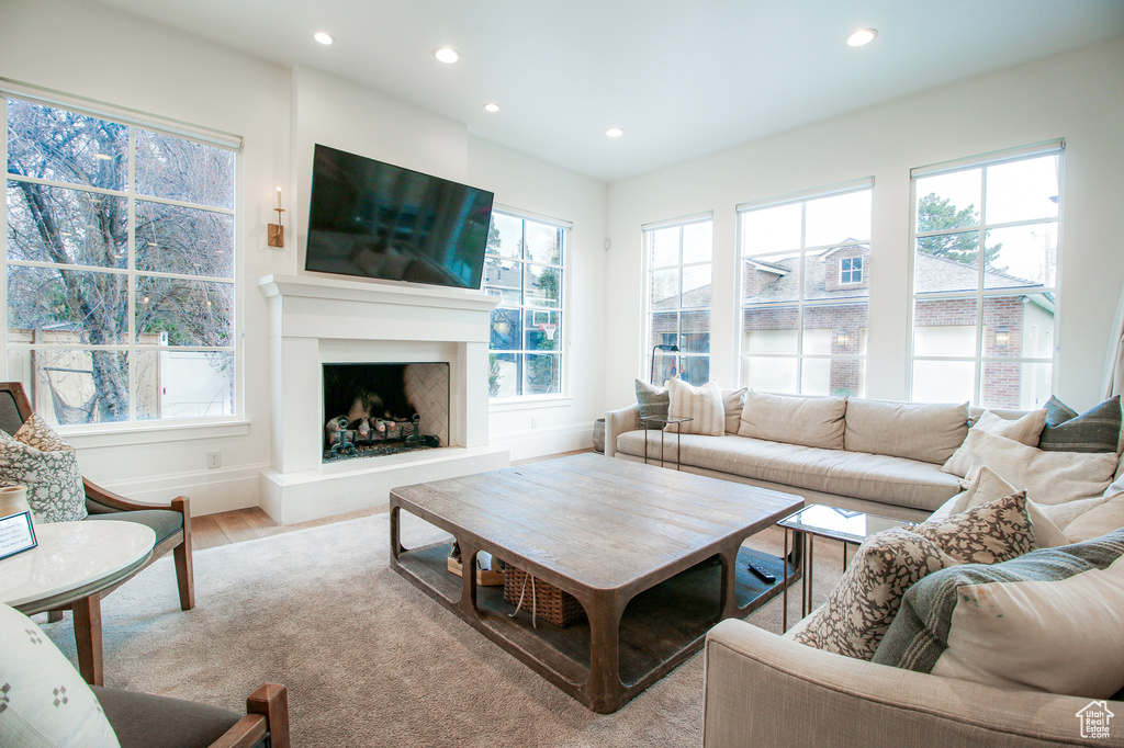 Living room with baseboards, wood finished floors, a fireplace with raised hearth, and recessed lighting