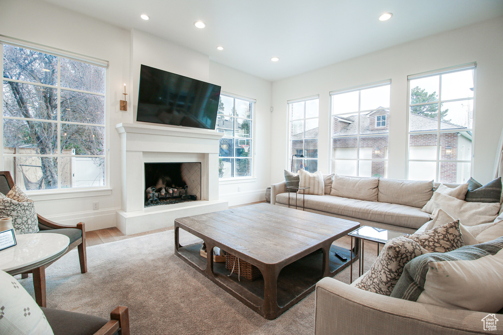 Living room with wood finished floors, a fireplace with raised hearth, baseboards, and recessed lighting