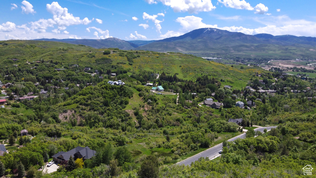 Birds eye view of property with a mountain view and a forest view