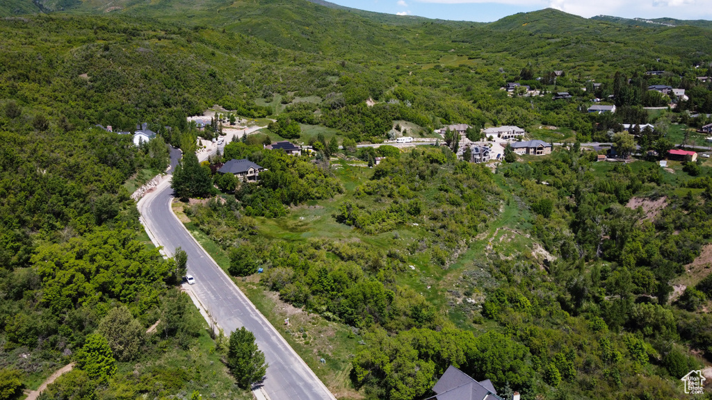 Bird's eye view featuring a wooded view and a mountain view