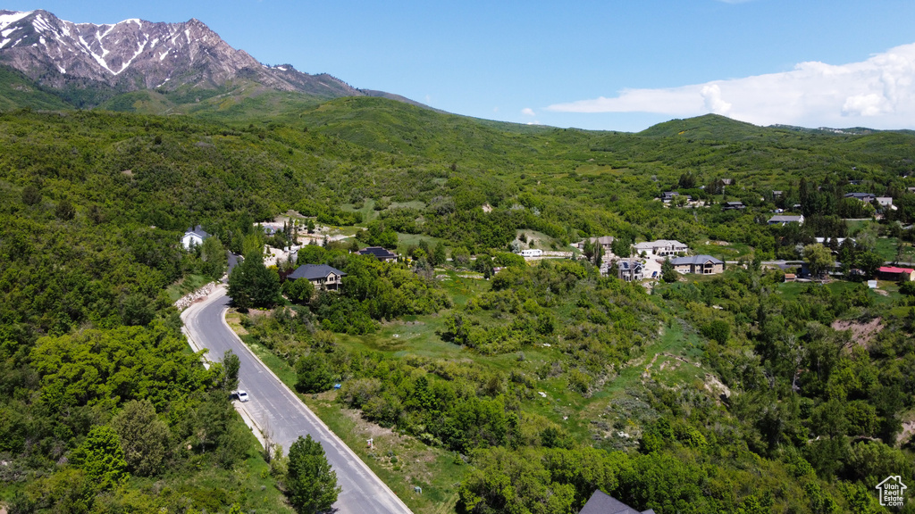 Aerial view with a wooded view and a mountain view