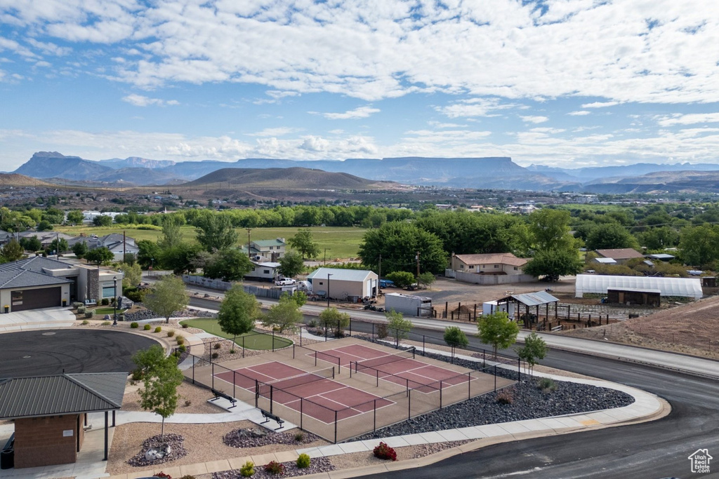 Drone / aerial view of a mountainous background