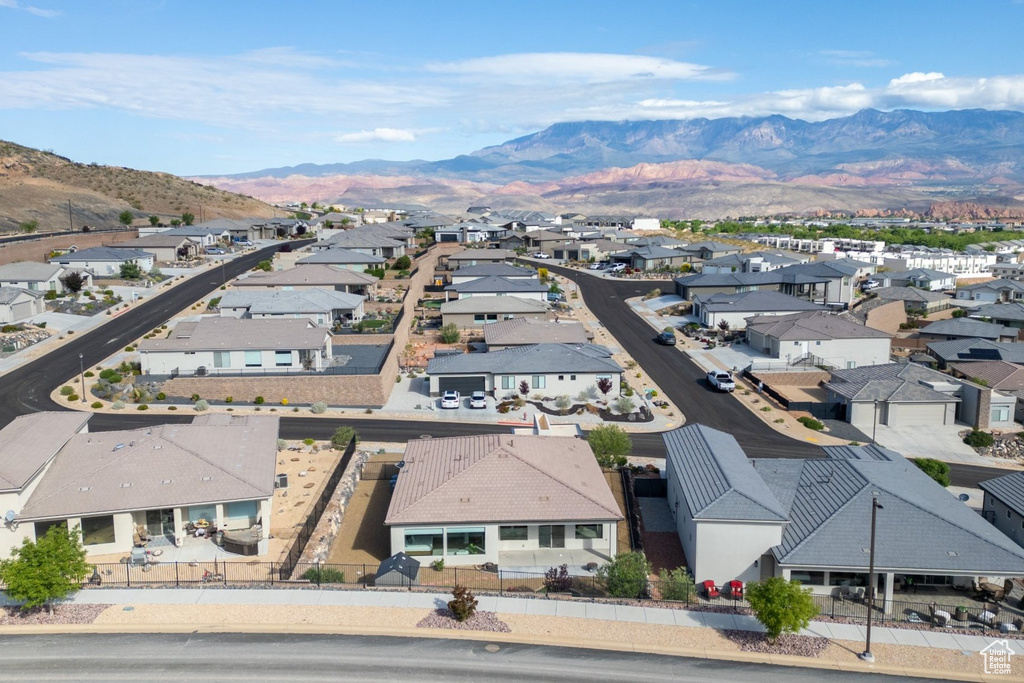 Aerial perspective of suburban area with mountains