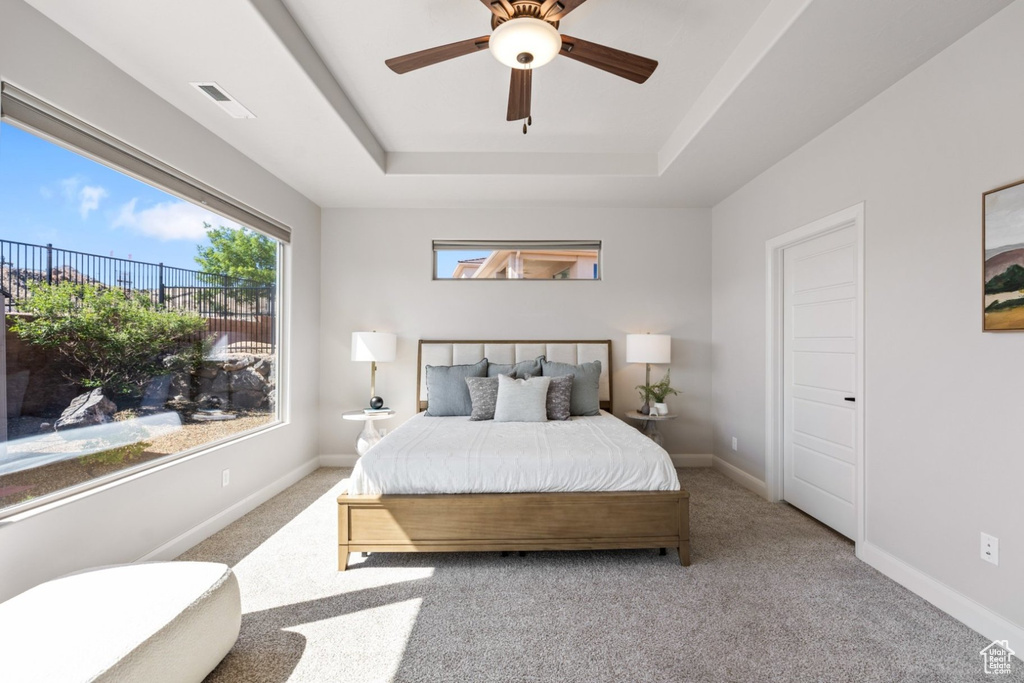 Carpeted bedroom featuring a raised ceiling, ceiling fan, and baseboards