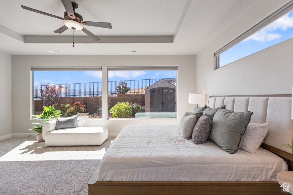 Bedroom featuring carpet floors, a raised ceiling, ceiling fan, and baseboards