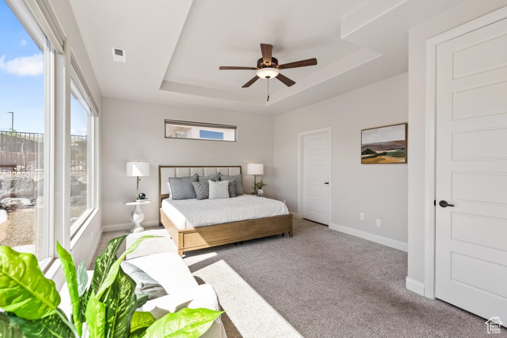 Carpeted bedroom featuring a raised ceiling, multiple windows, baseboards, and a ceiling fan