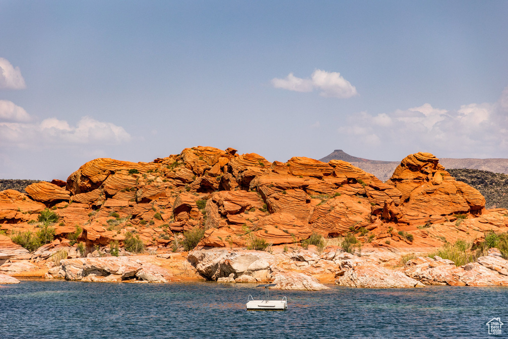 View of mountain backdrop with a large body of water