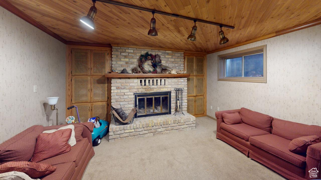 Living room with rail lighting, wooden ceiling, carpet, and a fireplace