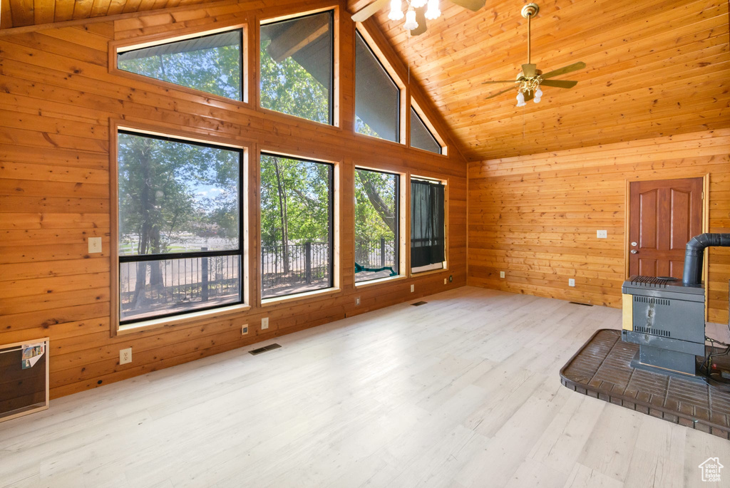 Unfurnished living room featuring a wood stove, wooden walls, wood ceiling, a ceiling fan, and wood finished floors