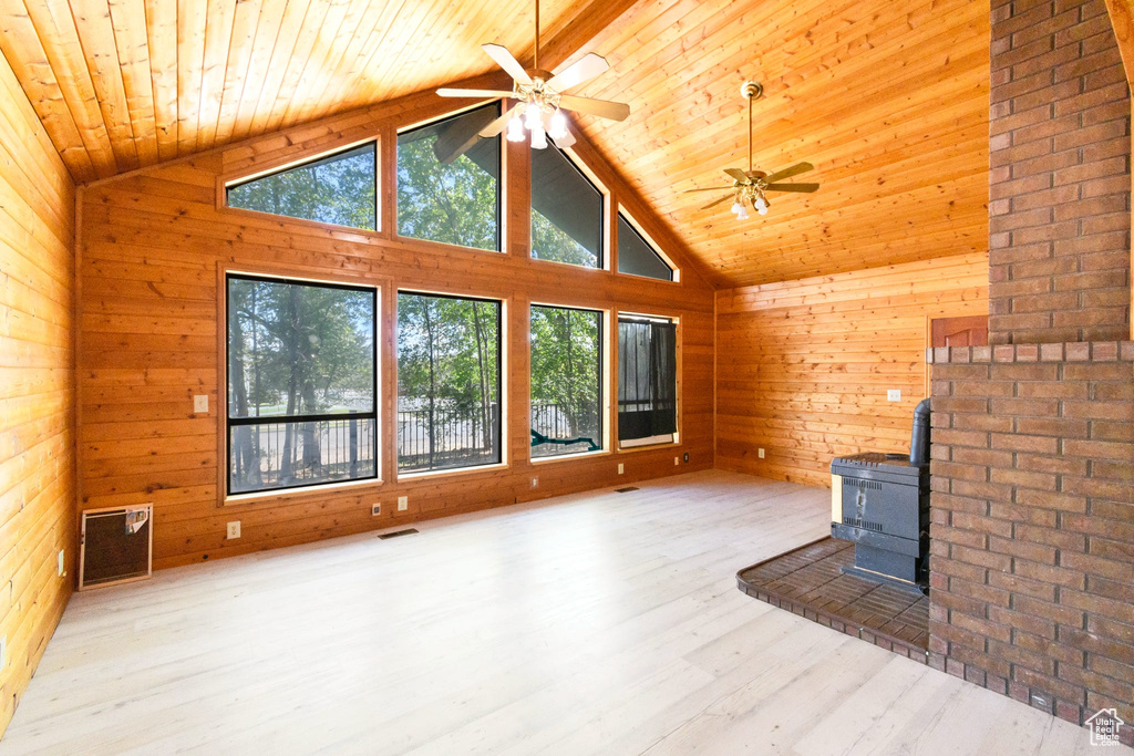 Unfurnished living room featuring a wood stove, wooden walls, wooden ceiling, wood finished floors, and a ceiling fan