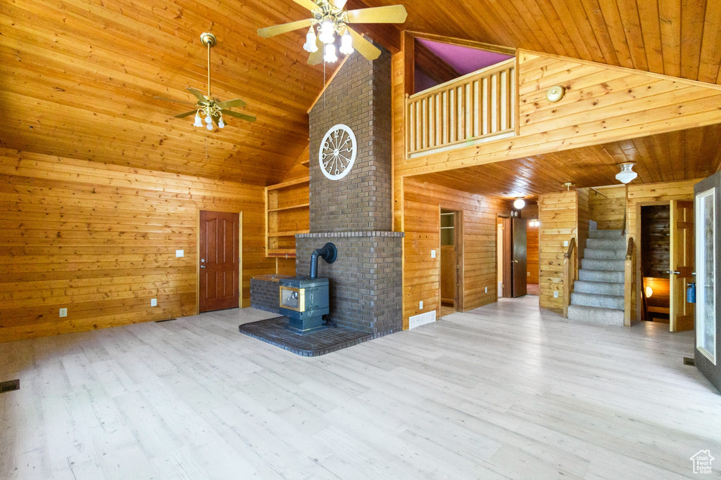 Unfurnished living room featuring a wood stove, wood ceiling, high vaulted ceiling, a ceiling fan, and wooden walls