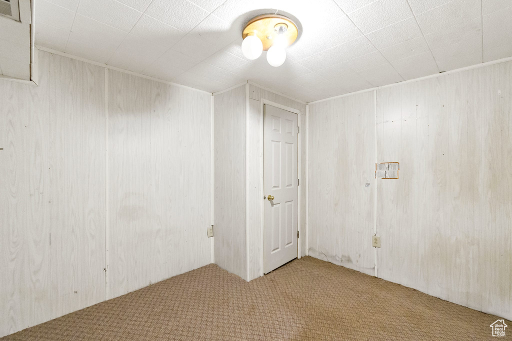 Empty room featuring carpet floors and wood walls