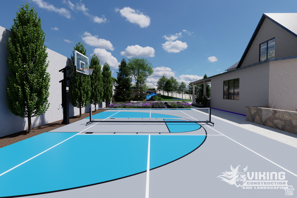 View of basketball court with basketball hoop