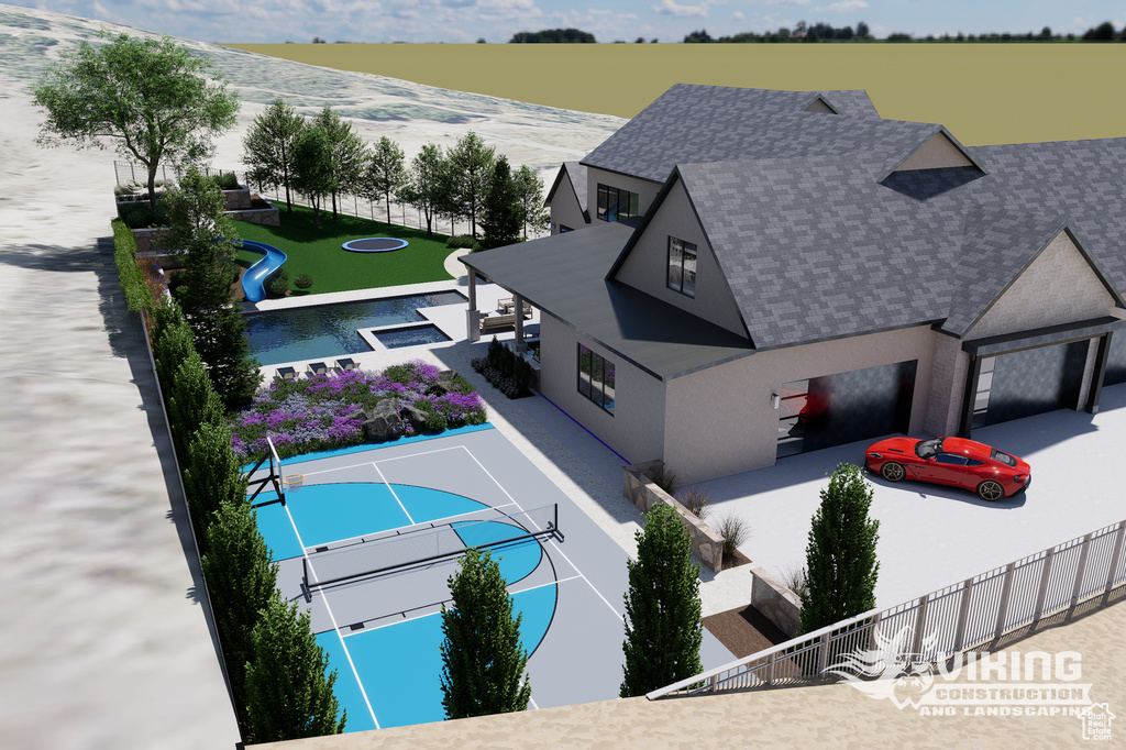 View from above of property with a pool